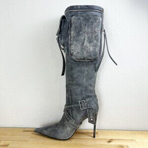 Retrofête Yasmine Boots Knee High Pointed Toe‎ Stiletto Cargo Harness Size 41